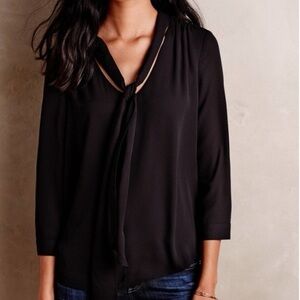 NWT - Anthropologie HD in Paris 3/4 Sleeve Neck Tie Blouse in Black - Size 4